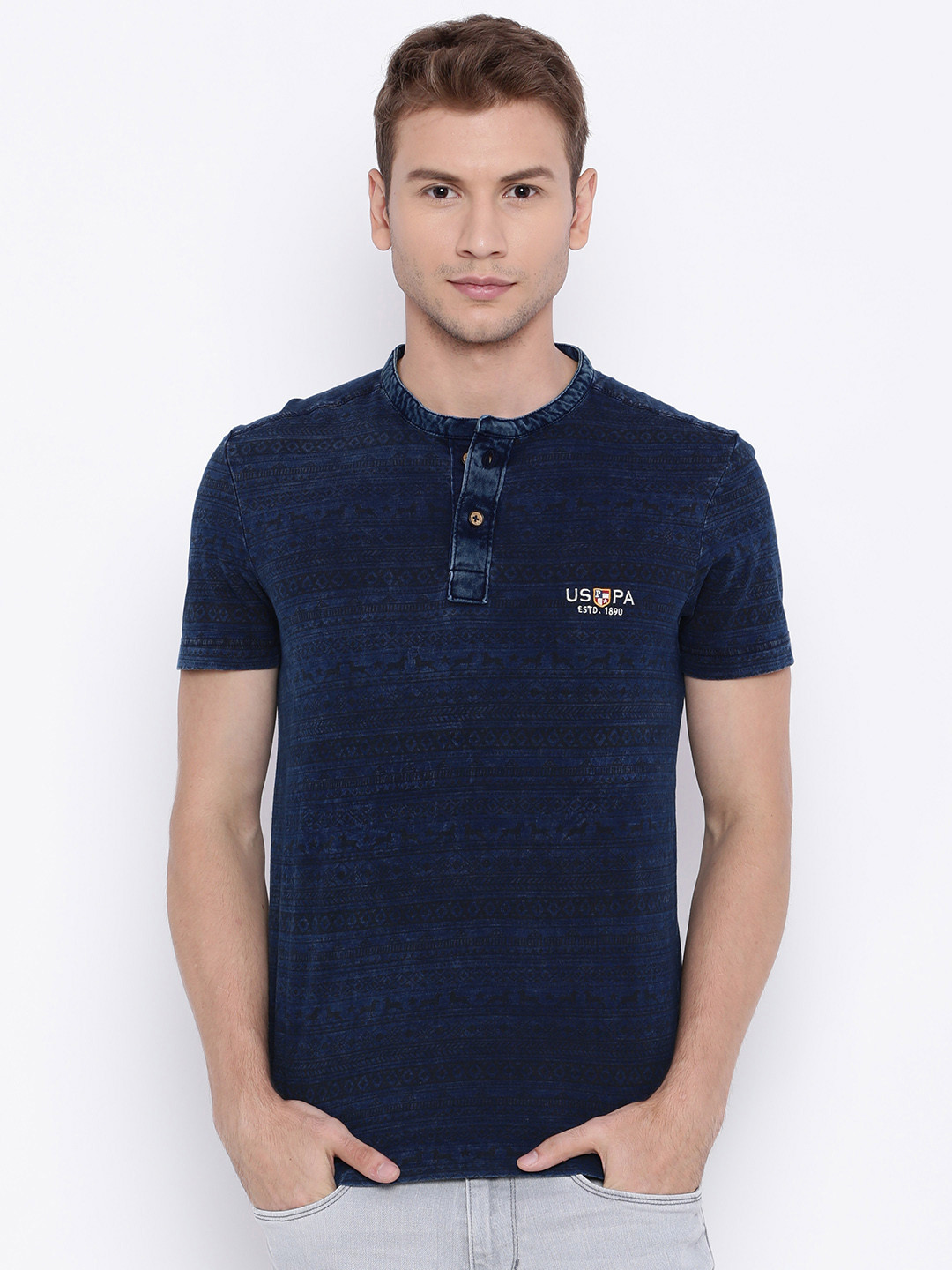 U.S. Polo Assn. Denim Co. Navy Printed Henley Pure Cotton T-shirt