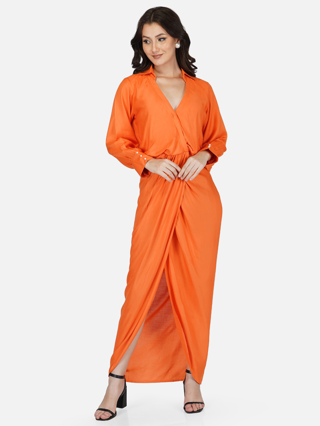 KOVET Orange Solid Wrap Midi Dress