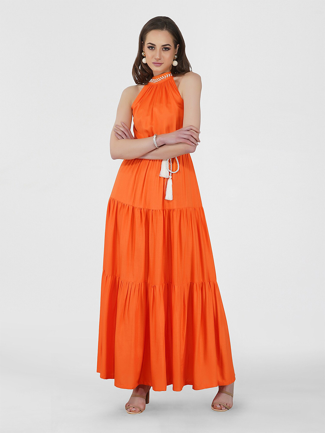 KOVET Orange Halter Neck Maxi Dress