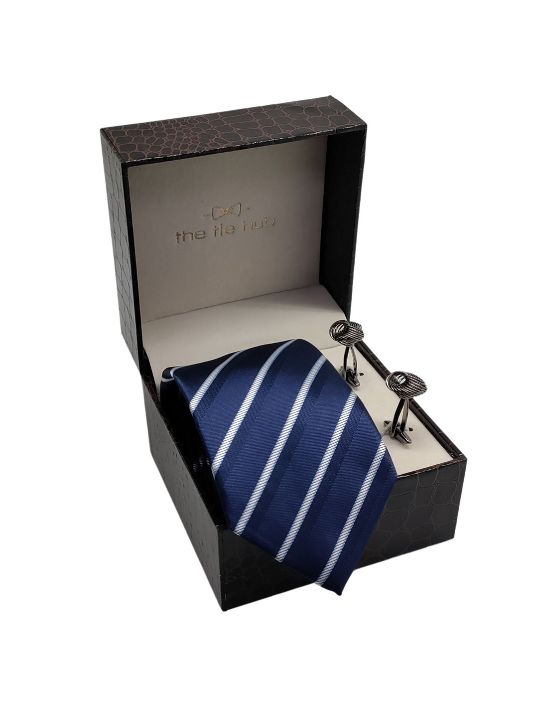 The Tie Hub Men Blue & White Striped Broad Tie and Cufflinks
