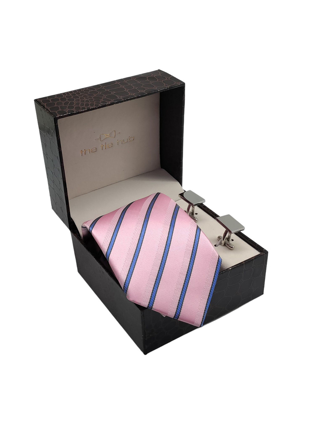 The Tie Hub Men Pink & Blue Striped Broad Tie and Cufflinks Gift Set