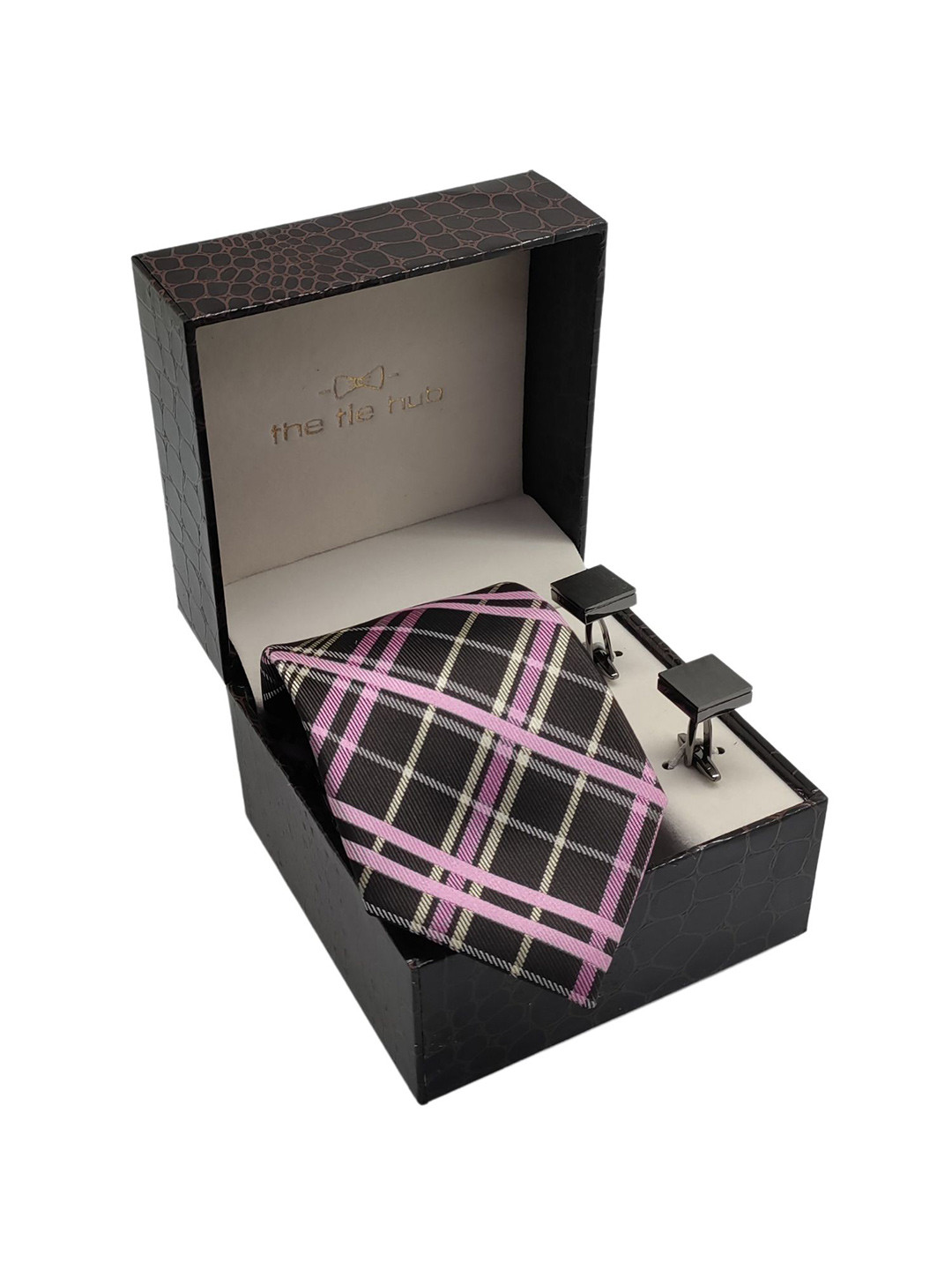 The Tie Hub Men Brown & Pink Checked Skinny Tie With Cufflinks