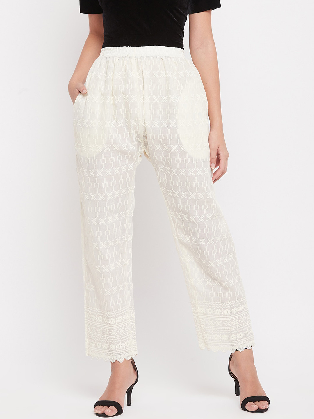Clora Creation Women Cream-Coloured Ethnic Motifs Smart Easy Wash Trousers