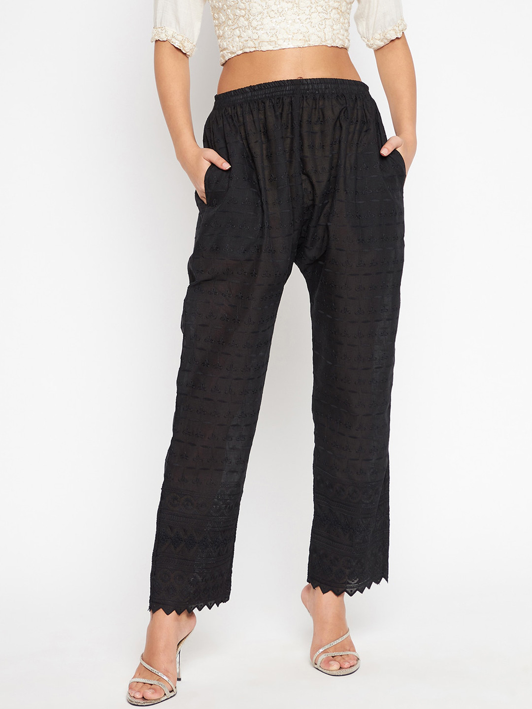 Clora Creation Women Black Chikankari Smart Fit Mid Rise Trouser