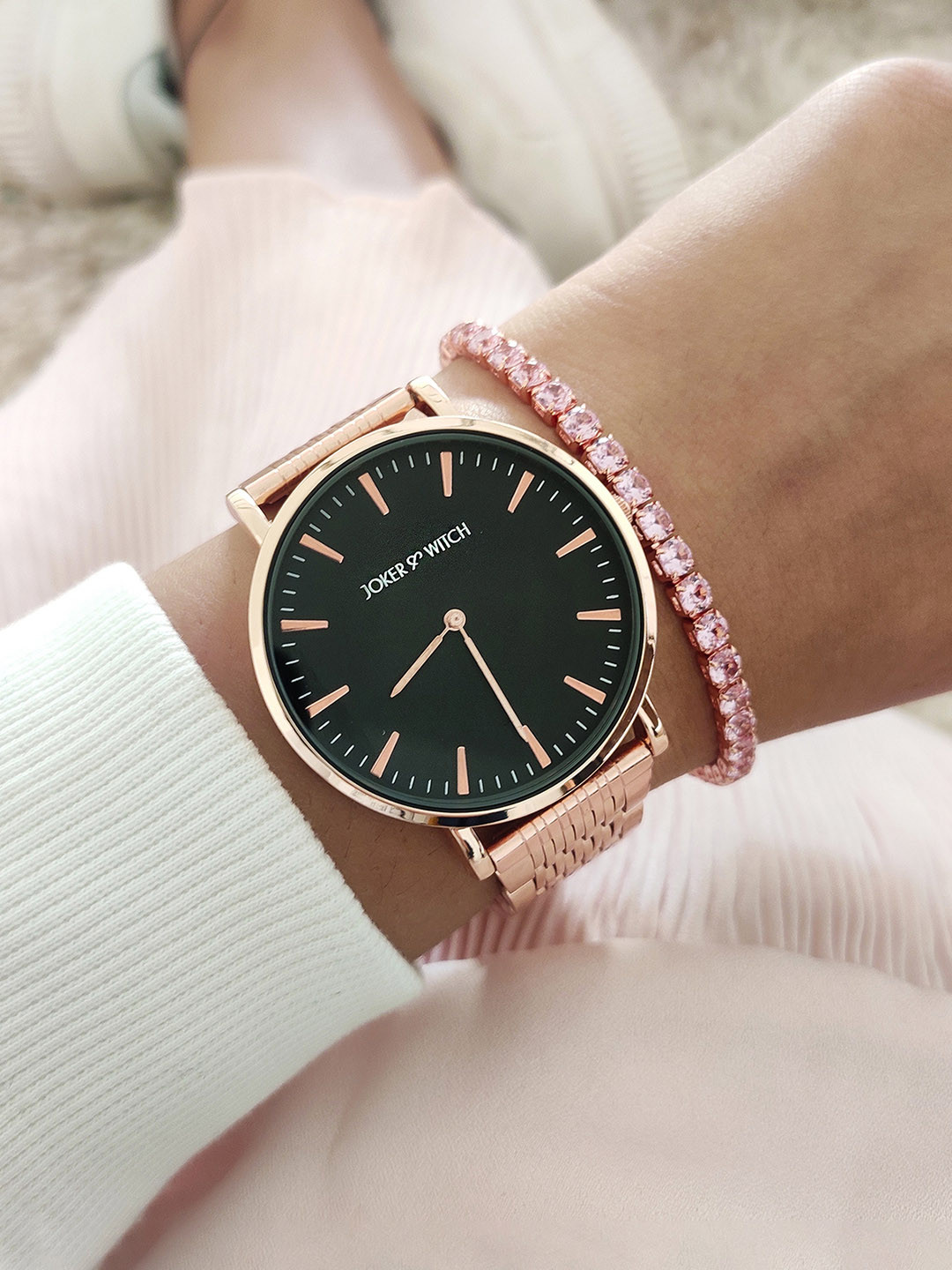 JOKER & WITCH Women Black & Rose-Gold-Plated Starry Night Watch With Bracelet Gift Set