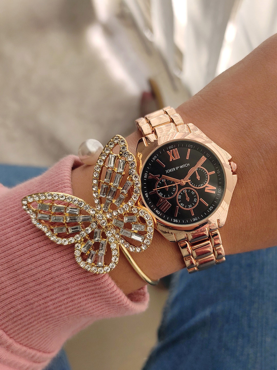 JOKER & WITCH Women Gold & Black Miami Watch Bracelet Stack