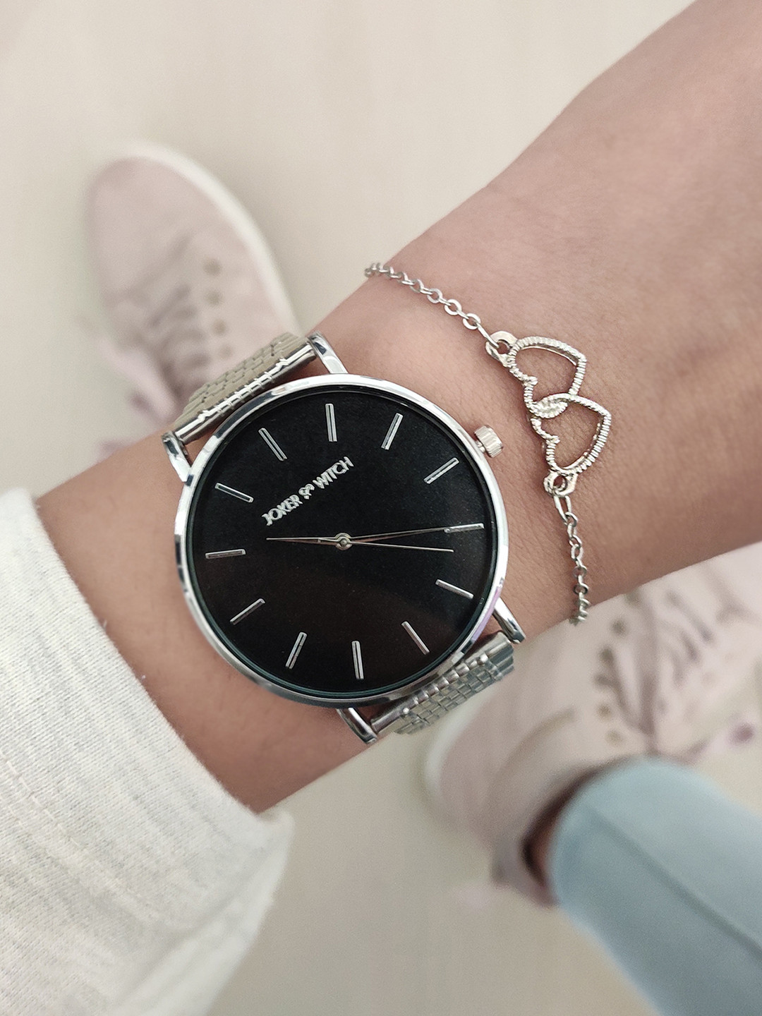 JOKER & WITCH Women Silver-Toned & Black Elsie Watch Gift Set