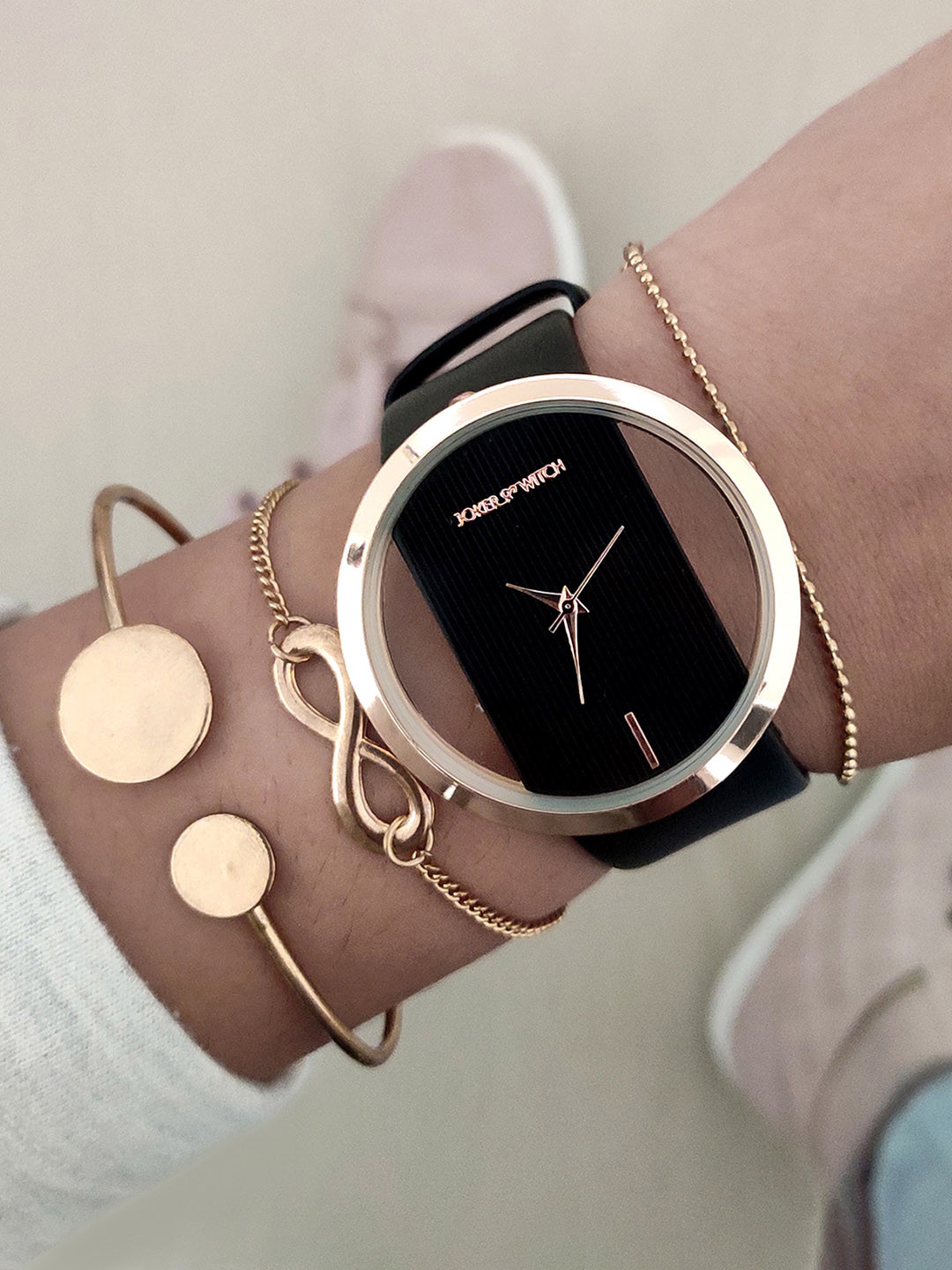 JOKER & WITCH Women Black & Rose Gold Watch & Bracelet Stack