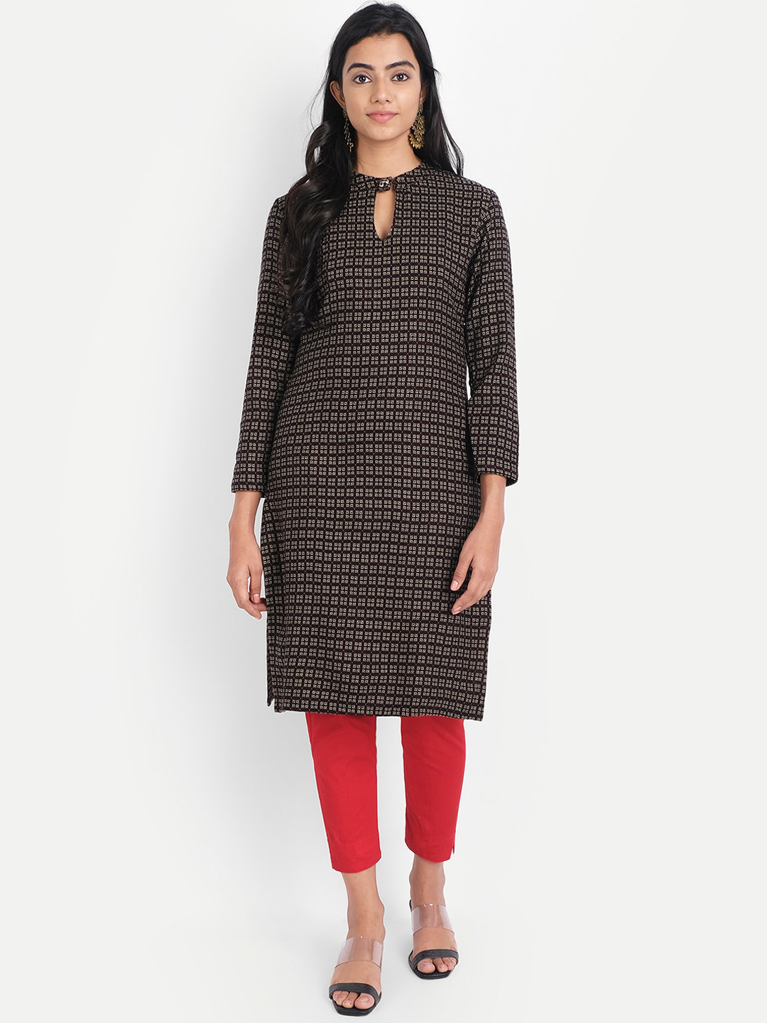 Alavya Women Black Keyhole Neck Thread Work Dobby Kurta