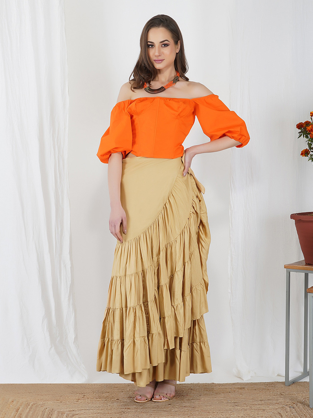 KOVET Orange Off-Shoulder Balloon Sleeves Bardot Top