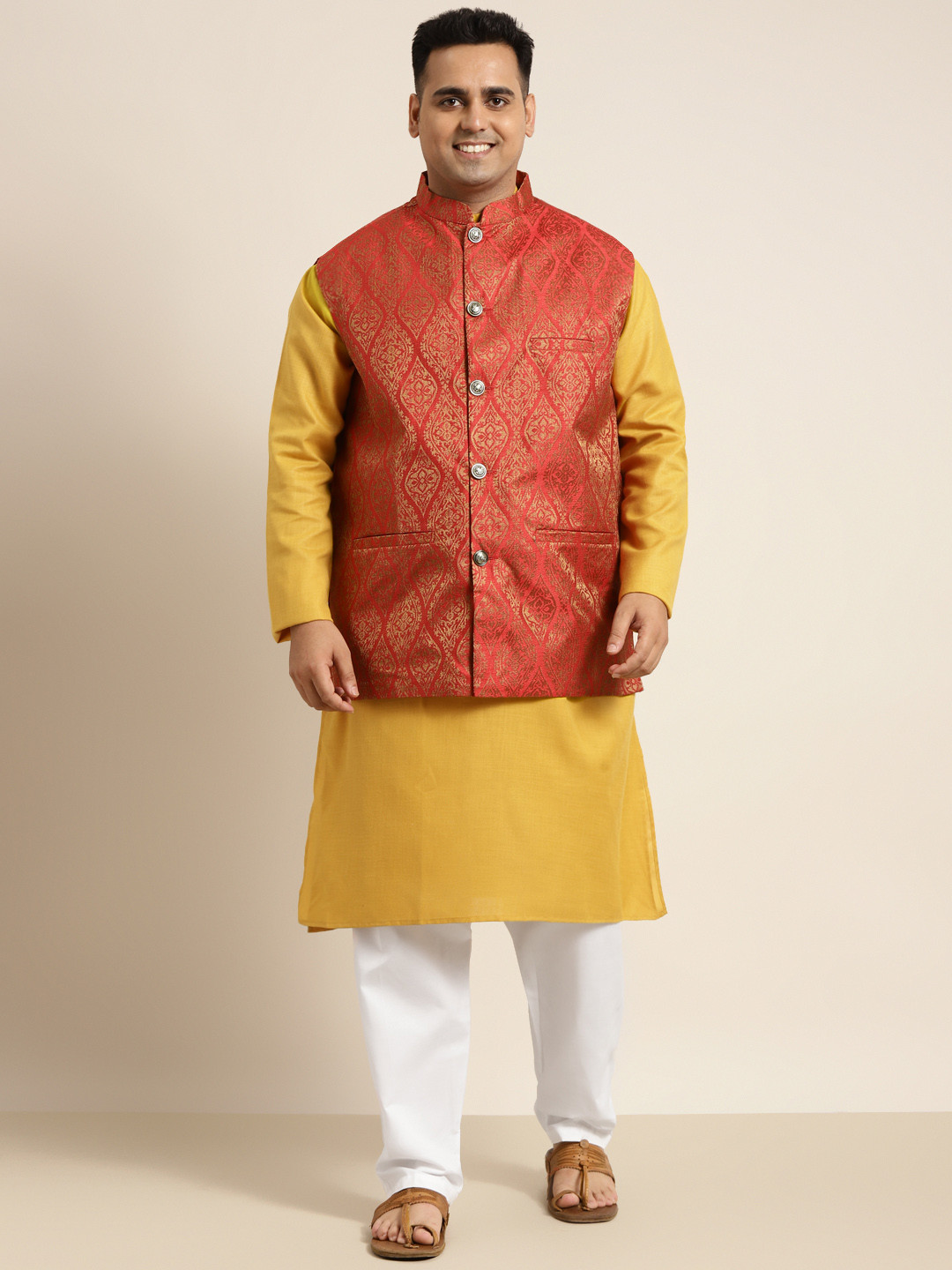 SOJANYA PLUS Men Plus Size Mustard Yellow Solid Kurta & Churidar Comes With a Nehru Jacket