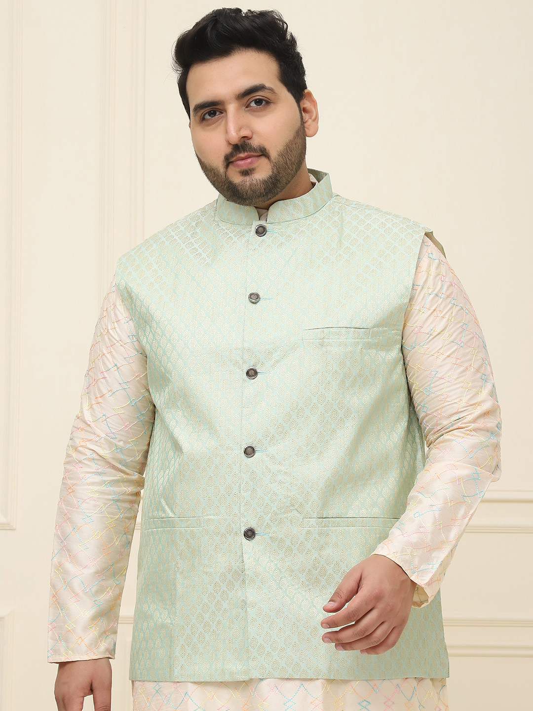 SOJANYA PLUS Men Plus Size Sea Green Ethnic Motifs Woven Design Jacquard Nehru Jacket