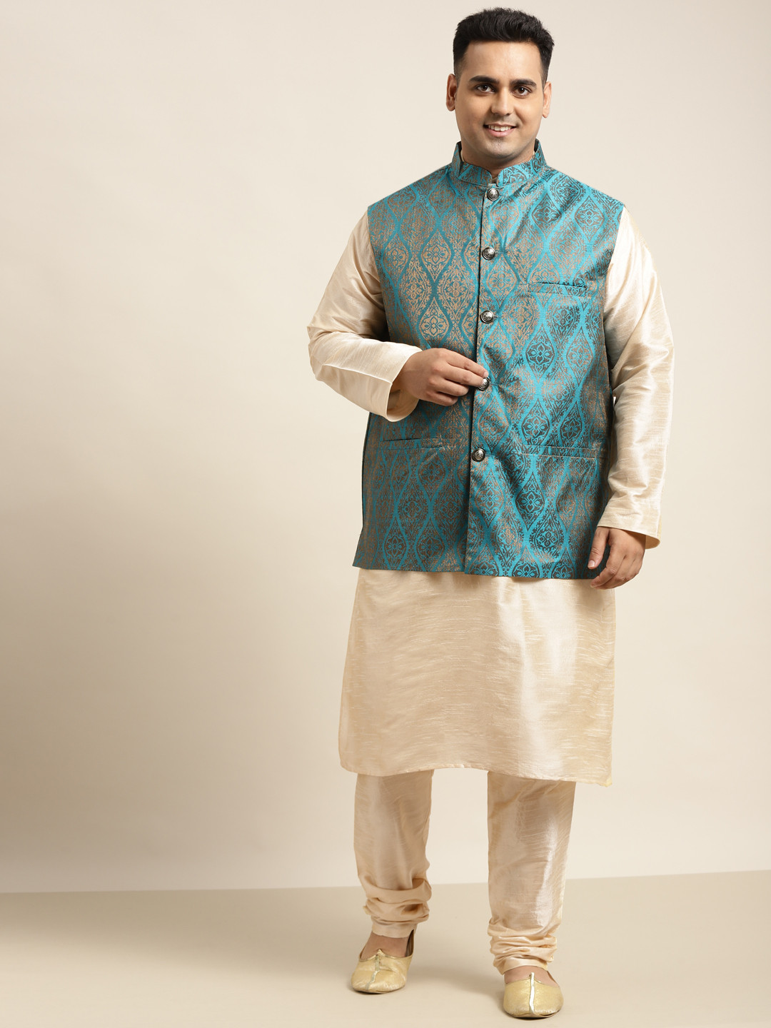 SOJANYA PLUS Men Plus Size Golden Solid Kurta & Churidar Comes With a Nehru Jacket