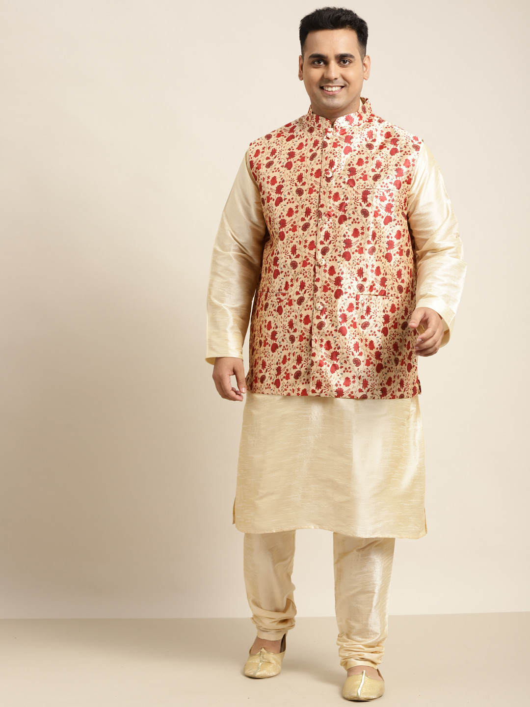 SOJANYA PLUS Men Plus Size Golden Solid Kurta with Churidar Comes With a Nehru Jacket