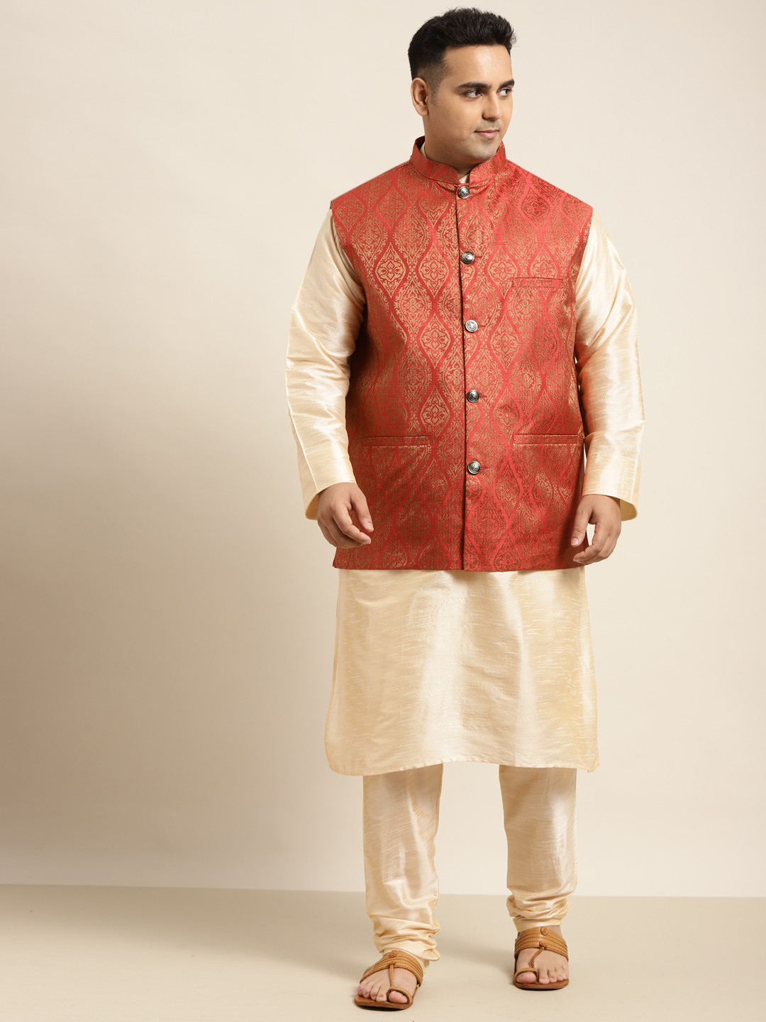 SOJANYA PLUS Men Plus Size Beige Solid Kurta & Churidar Comes With a Nehru Jacket