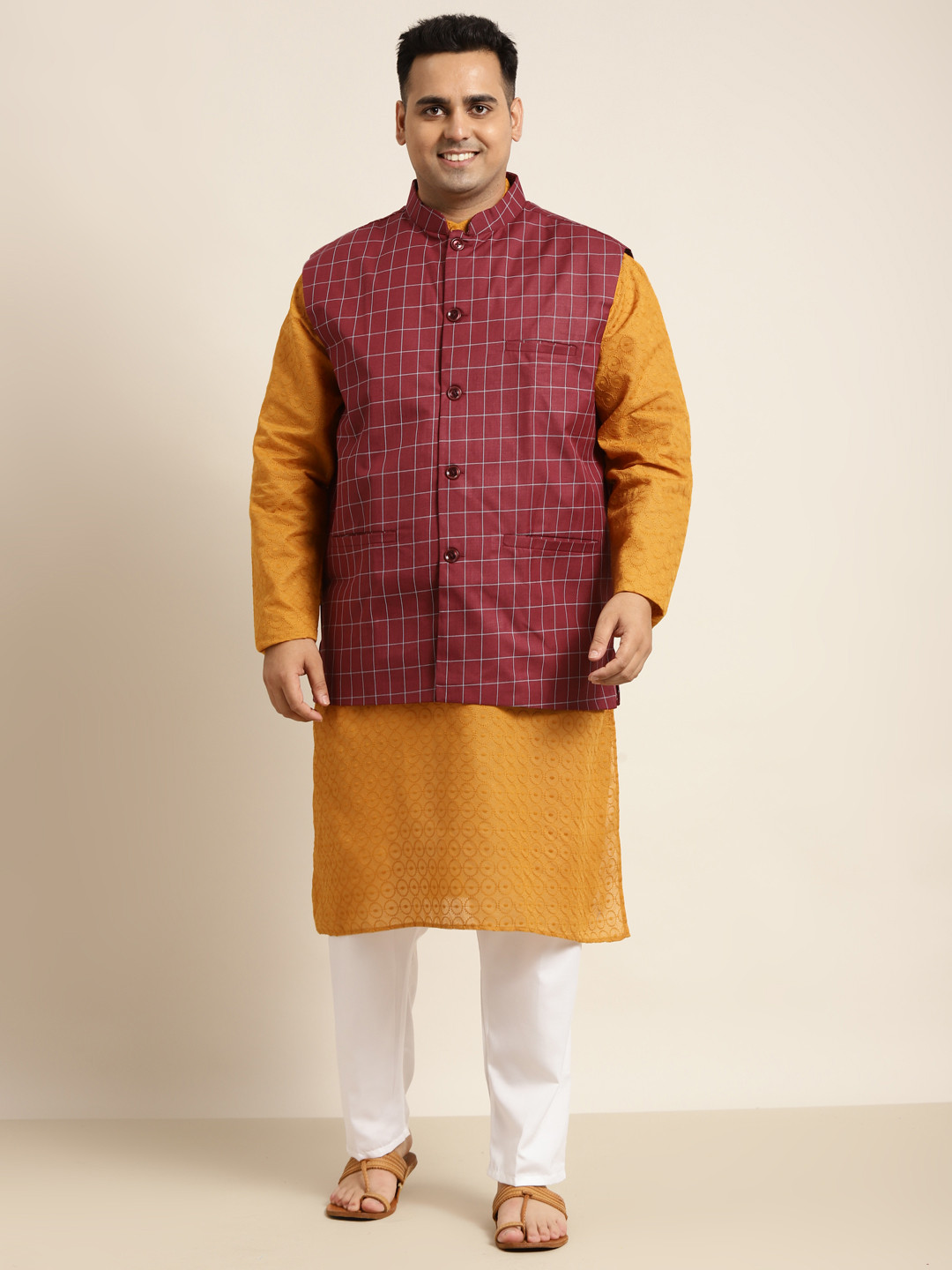 SOJANYA PLUS Men Plus Size Mustard Yellow Pure Cotton Kurta Set Comes With a Nehru Jacket