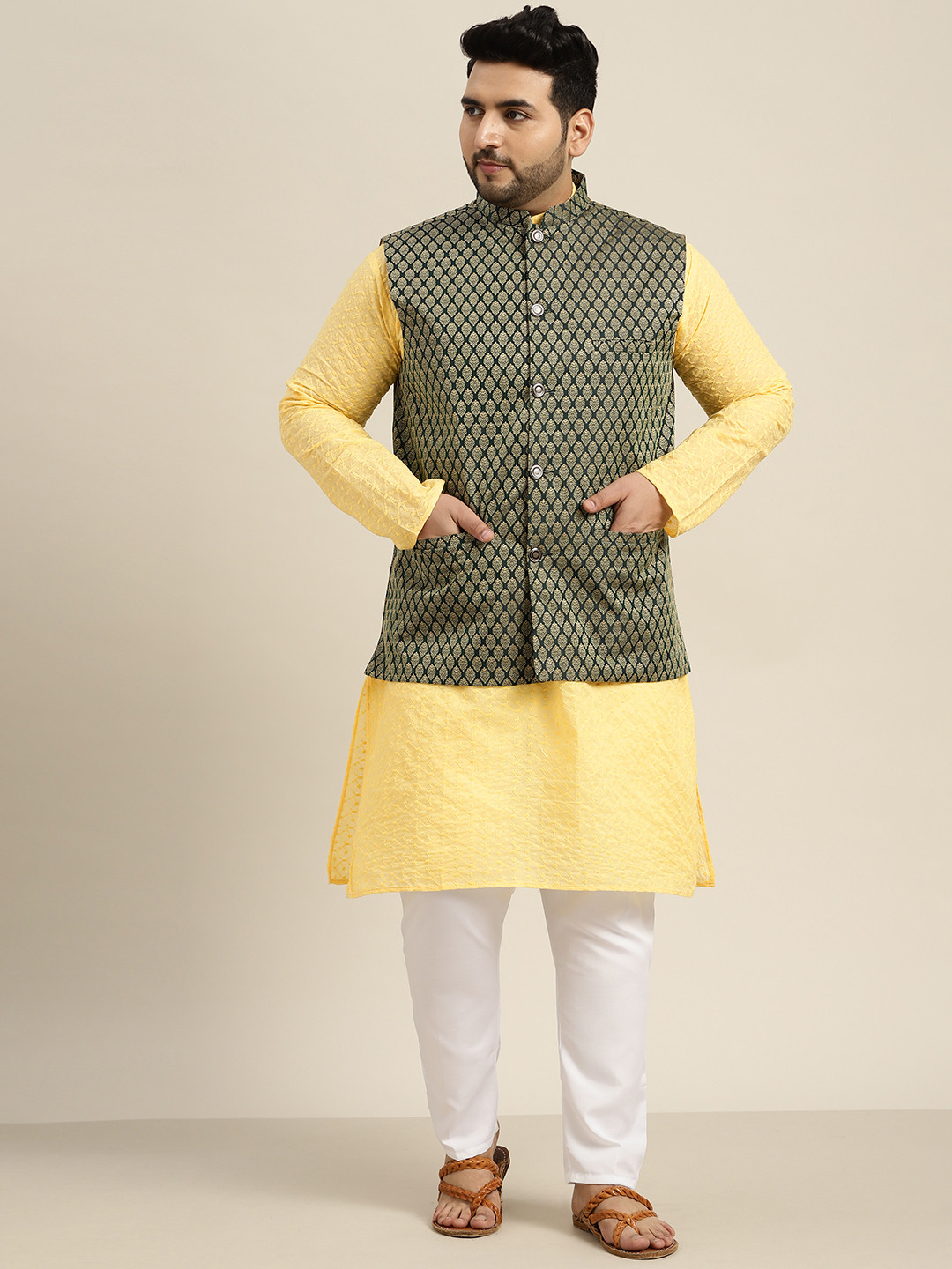 SOJANYA PLUS Plus Size Men Yellow Cotton Kurta with Churidar & Nehru Jacket