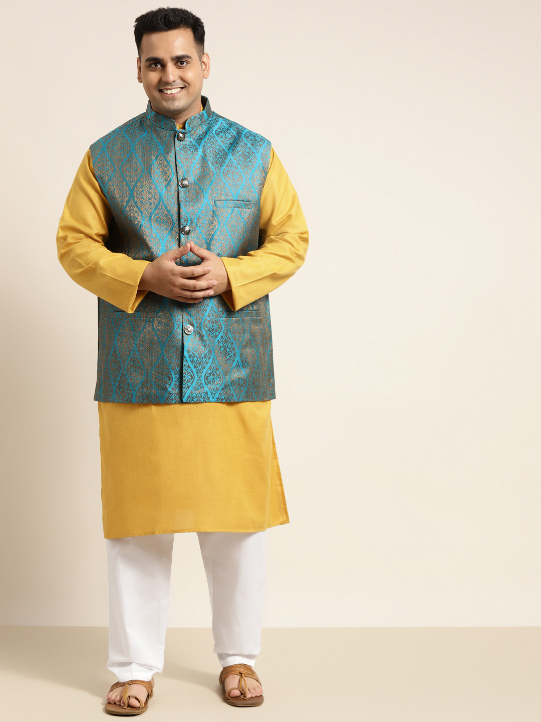 SOJANYA PLUS Men Plus Size Mustard Yellow Kurta with Churidar Comes With a Nehru Jacket