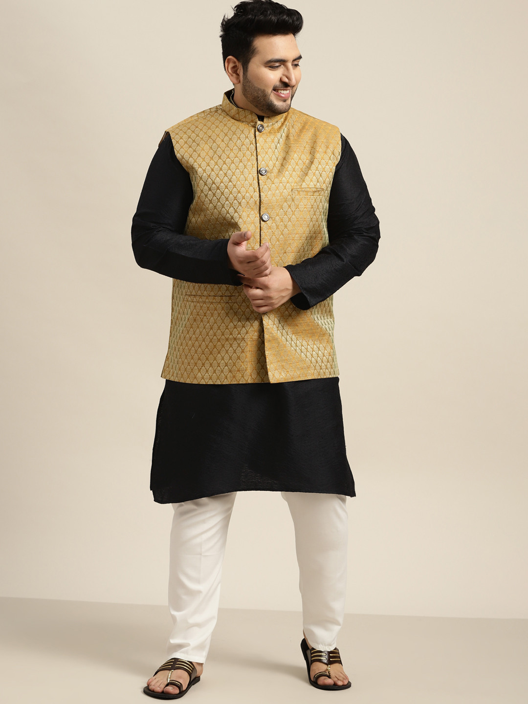 SOJANYA PLUS Plus Size Men Black Embroidered Kurta with Churidar & Nehru Jacket