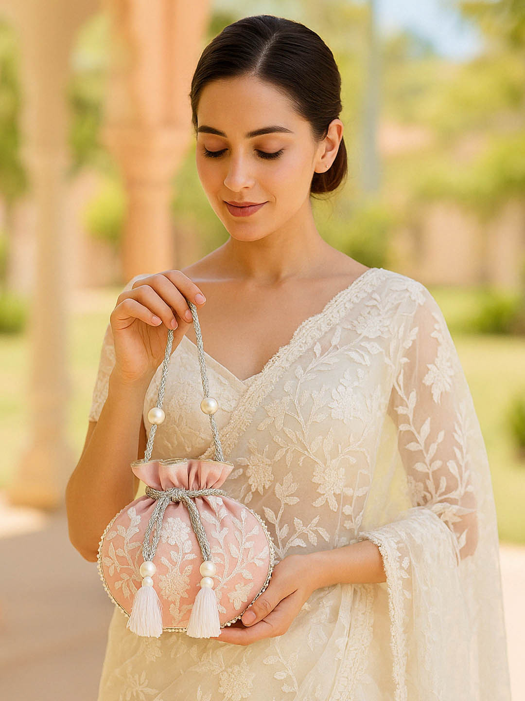 MASQ Green & White Embellished Embroidered Potli Clutch