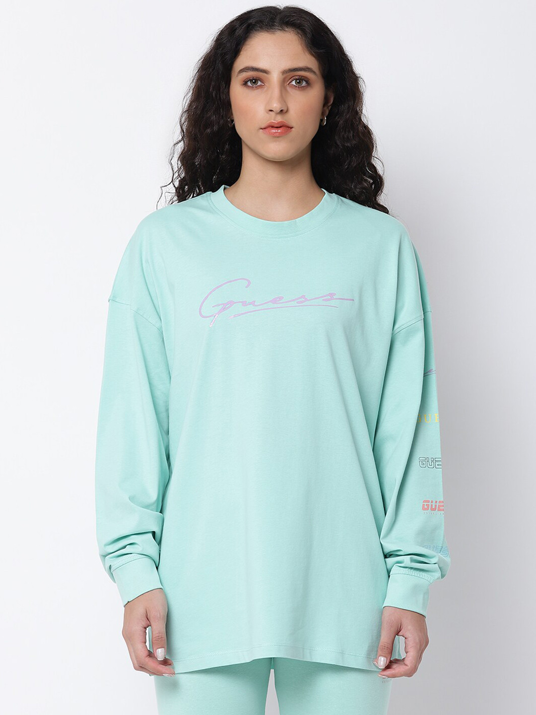 GUESS Women Blue Solid Drop-Shoulder Sleeved T-shirt