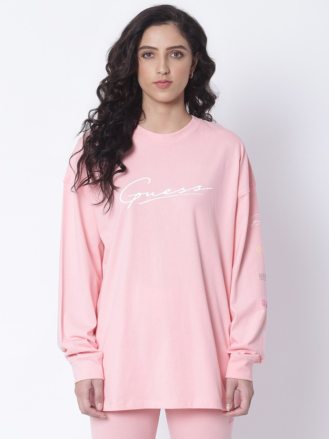 GUESS Women Pink Typography Printed Extended Sleeves T-shirt