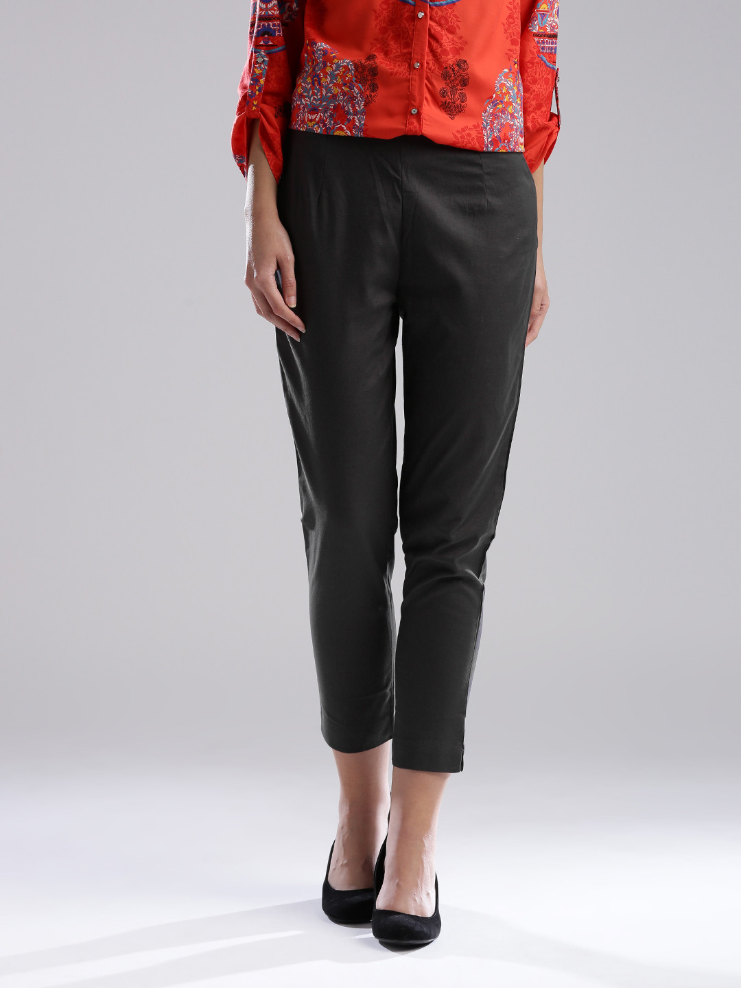 W Women Charcoal Grey Cropped Casual Trousers