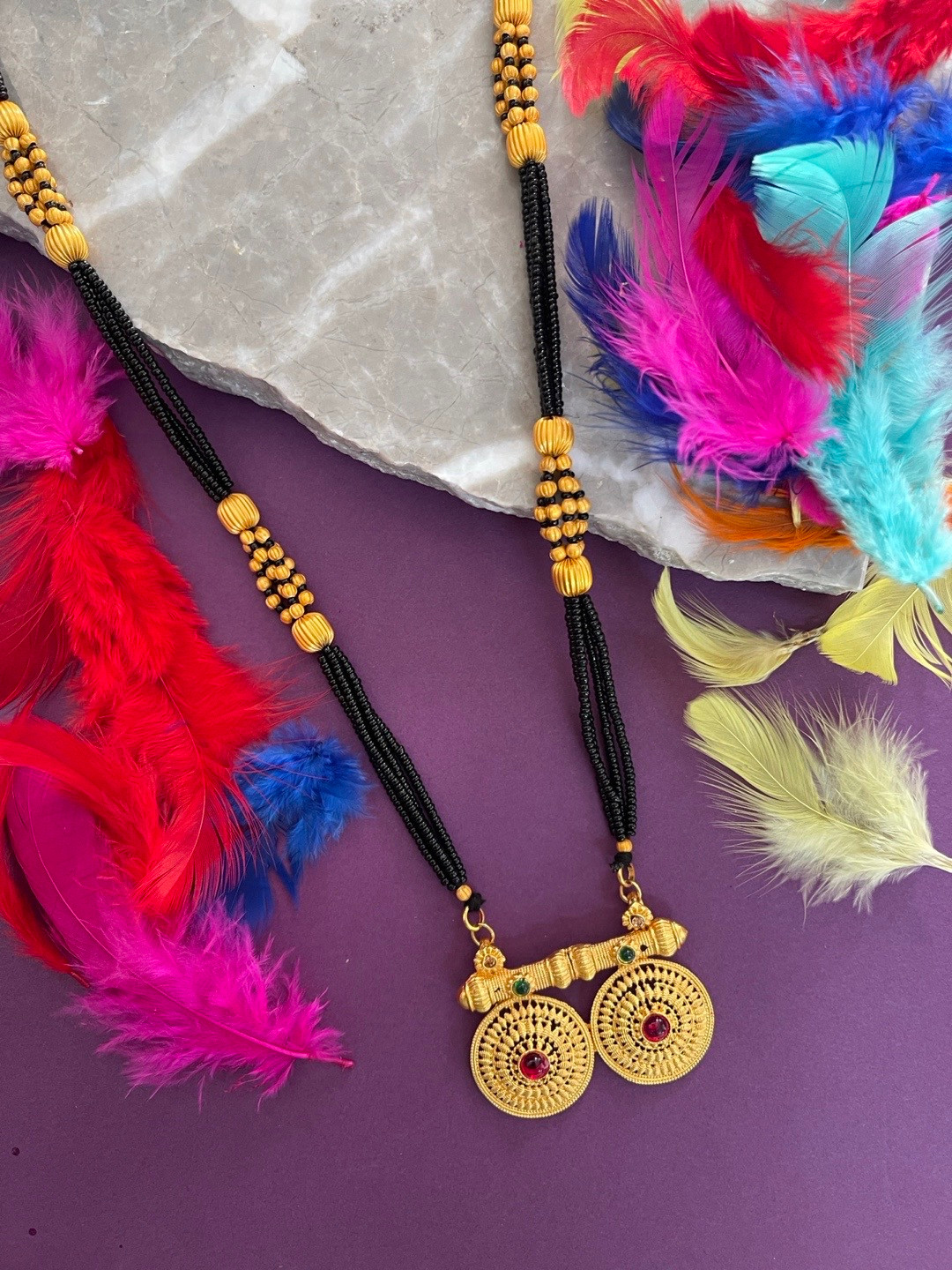 Digital Dress Room Gold-Plated Black Beaded Red & Green Stone Studded Layered Mangalsutra