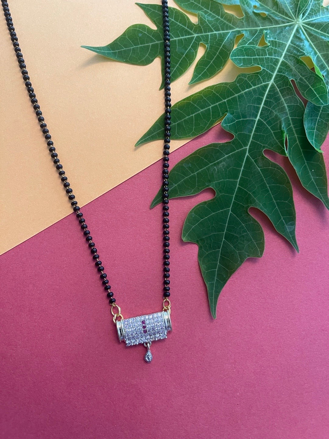 Digital Dress Room Black Gold -Plated AD-Studded Rectangle Mangalsutra