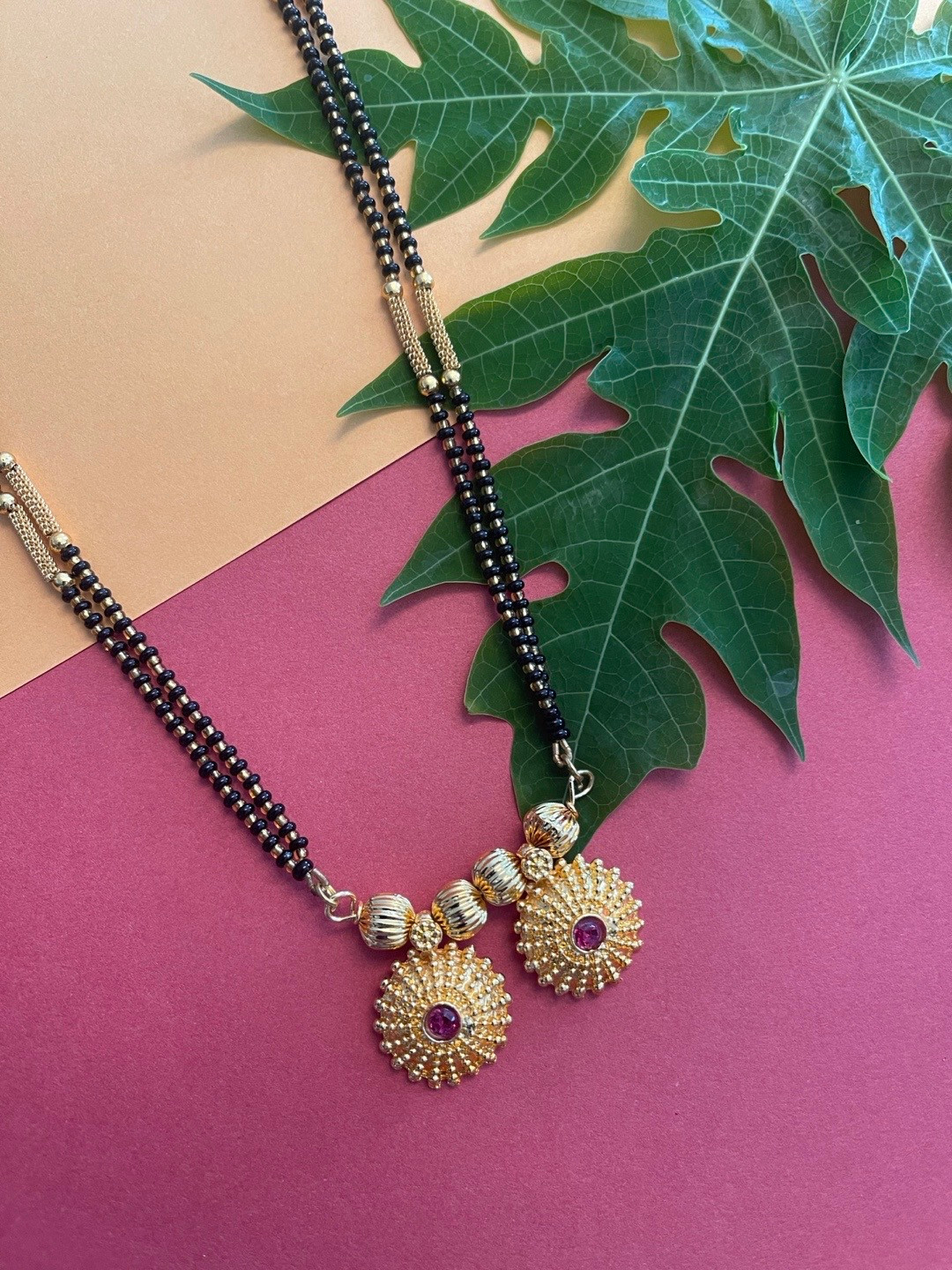 Digital Dress Room Gold-Plated & White Stones-Studded & Beaded Vati Design Mangalsutra