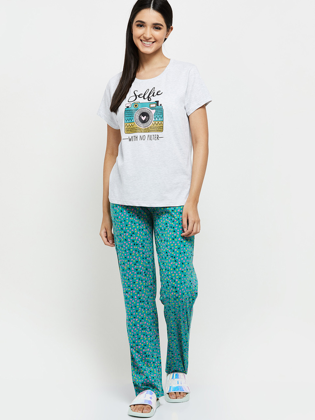 max Women Grey Melange & Teal Printed Night suit