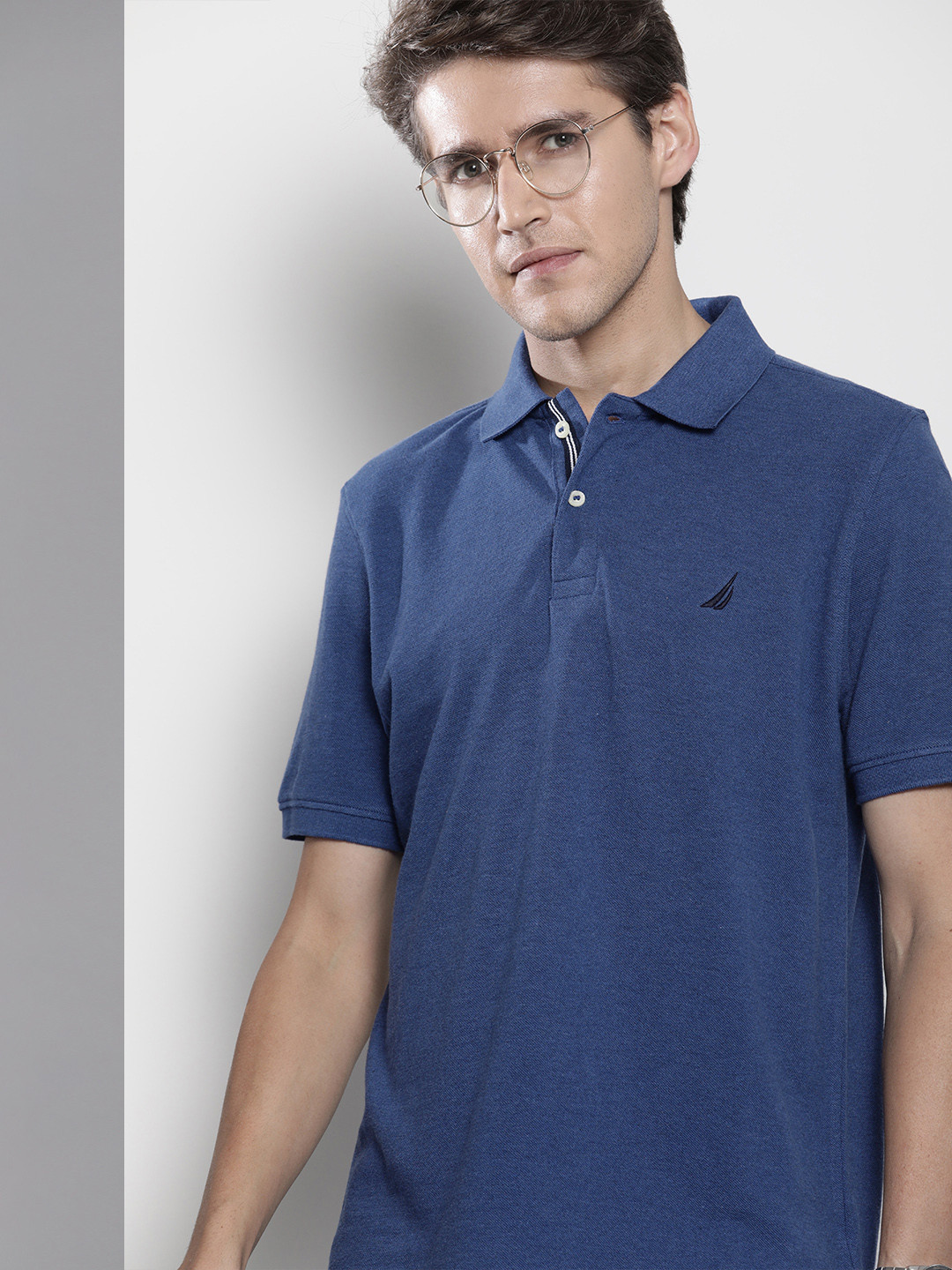 Nautica Men Blue Solid Polo Collar Pure Cotton Casual T-shirt