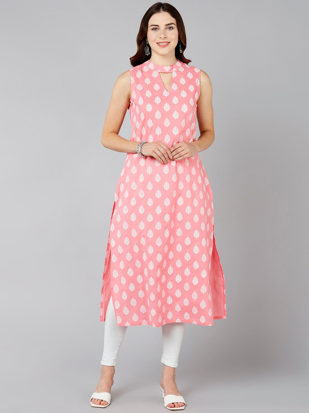 ZNX Clothing Women Pink & White Ethnic Motifs Printed Keyhole Neck Cotton A-line Kurta