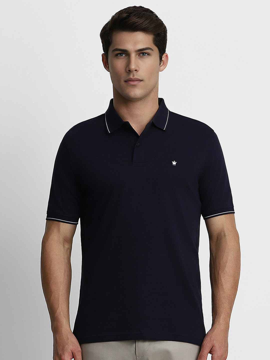 Louis Philippe Men Navy Blue Pure Cotton Solid Polo Collar T-shirt