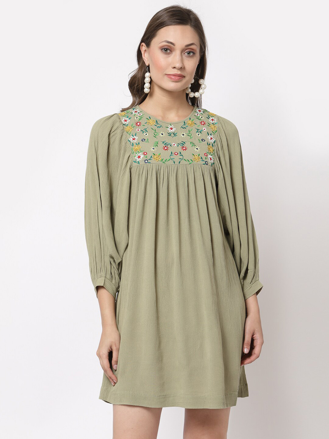 Gipsy Olive Green Floral Embroidered A-Line Dress