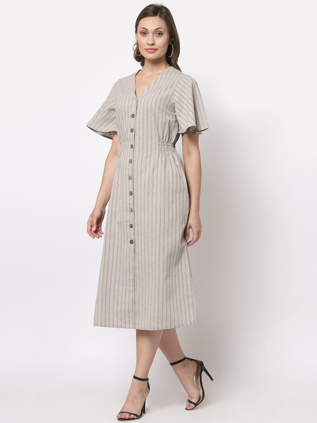 Gipsy Beige & Black Striped Satin A-Line Midi Dress
