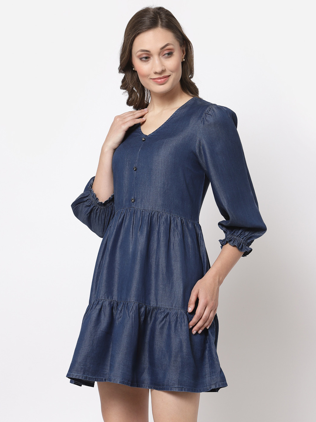 Gipsy Navy Blue Solid Denim Fit & Flare Dress