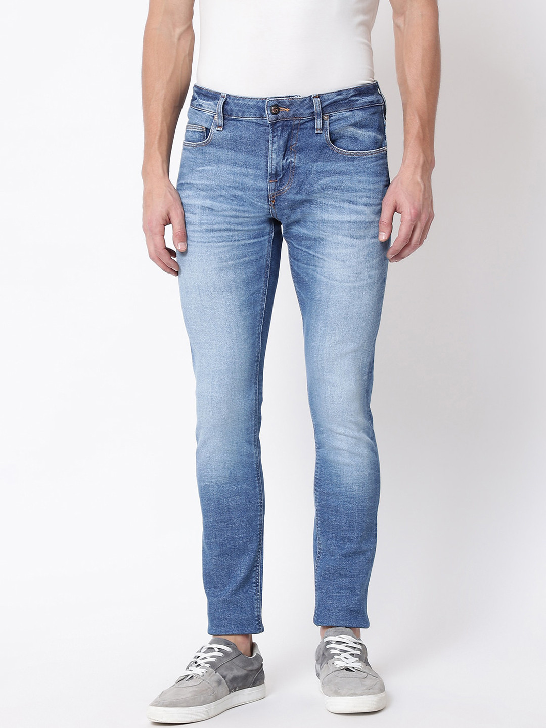 GUESS Men Navy Blue Low Distress Heavy Fade Jeans