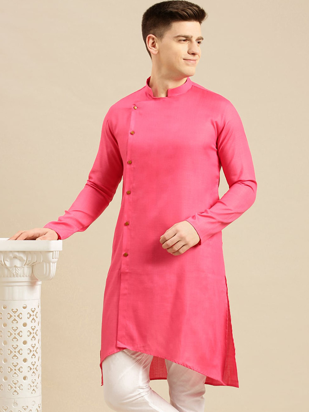 Here&Now X Sanwara  Men Pink Thread Work Pastels Kurta