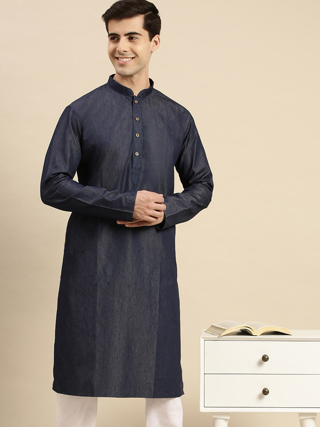 Here&Now X Sanwara  Men Navy Blue Indigo Kurta