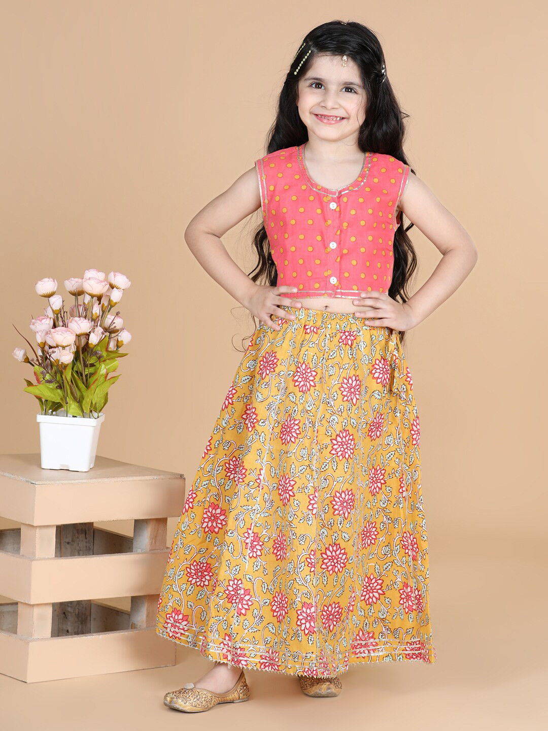 LIL PITAARA Girls Coral Orange & Yellow Ethnic Printed Cotton Ready to Wear Lehenga