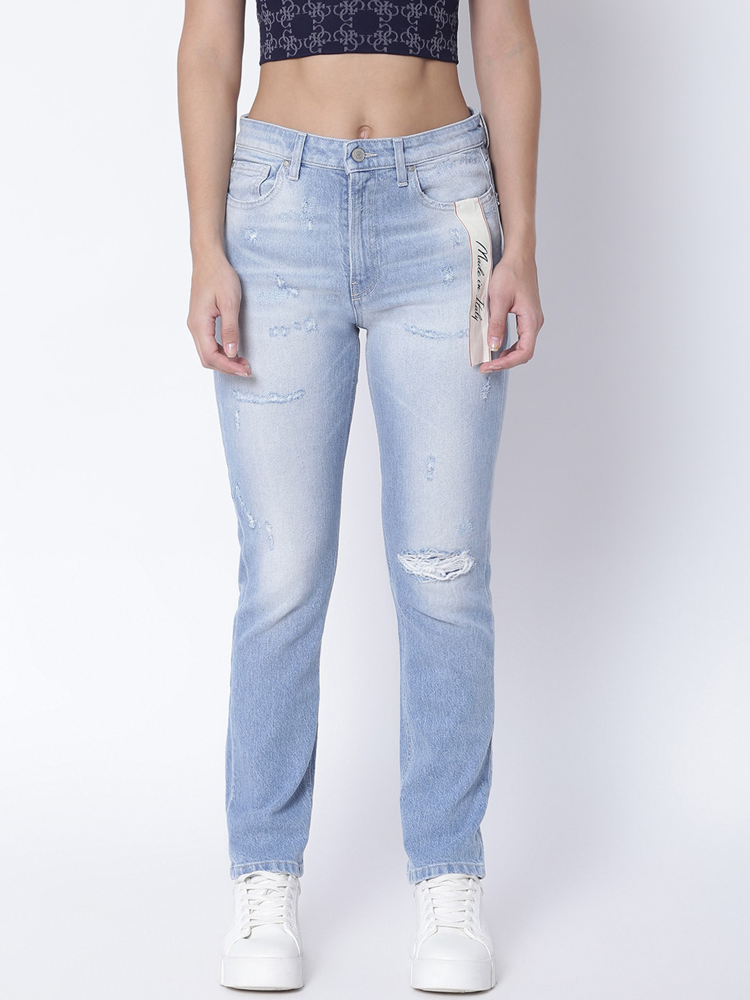 GUESS Women Blue Solid Regular-Fit Mid-Rise Ripped Jeans