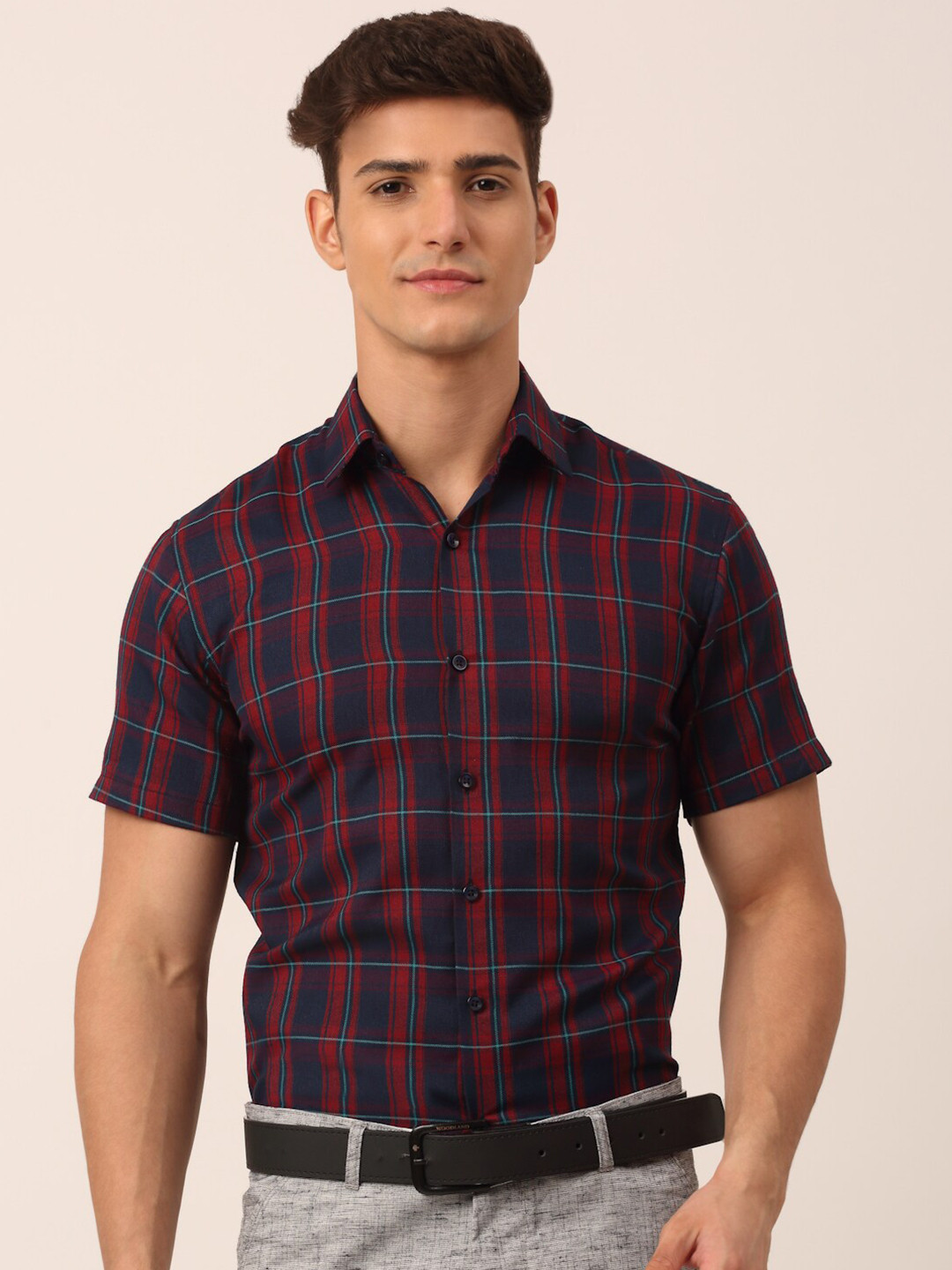 JAINISH Men Red Standard Tartan Checks Checked Formal Shirt