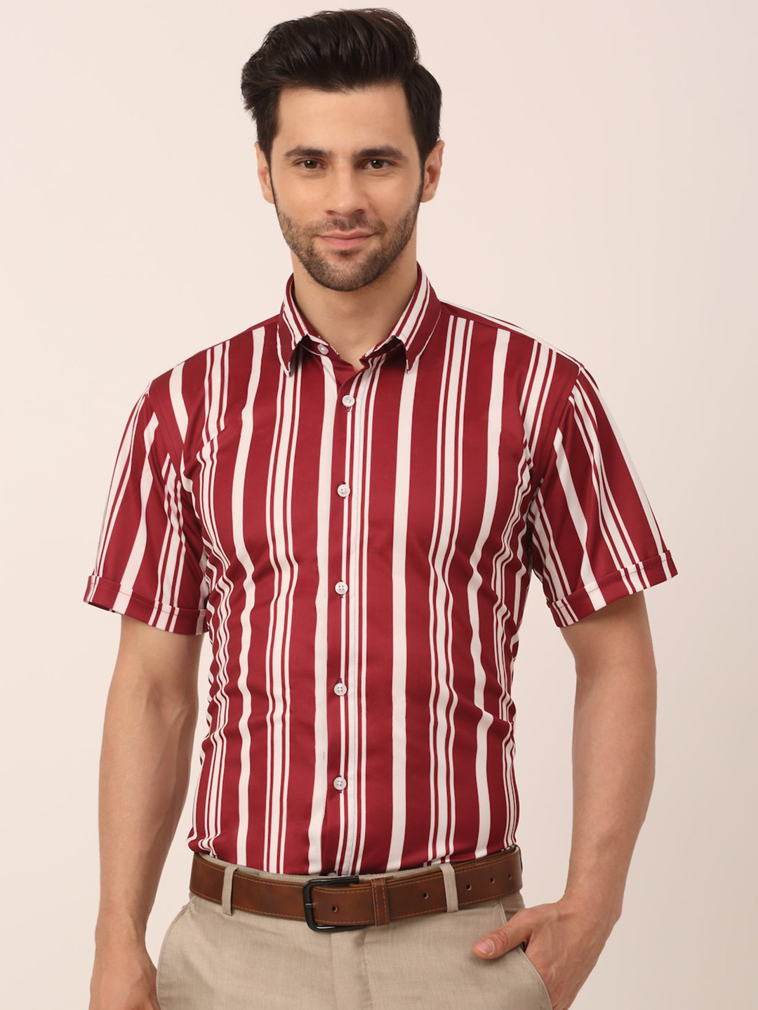 JAINISH Men Maroon Standard Striped Formal Shirt