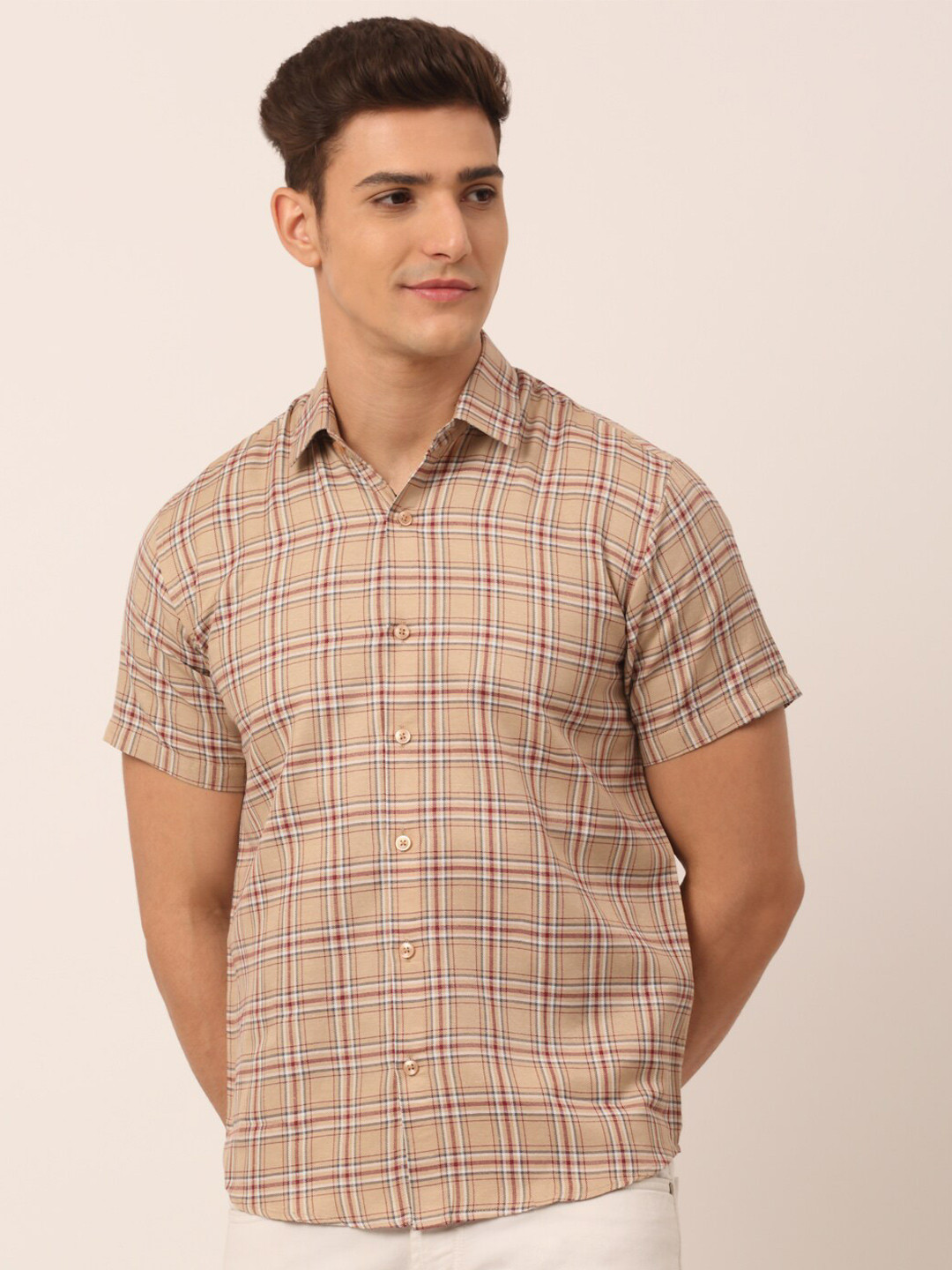 JAINISH Men Brown Standard Tartan Checks Checked Casual Shirt