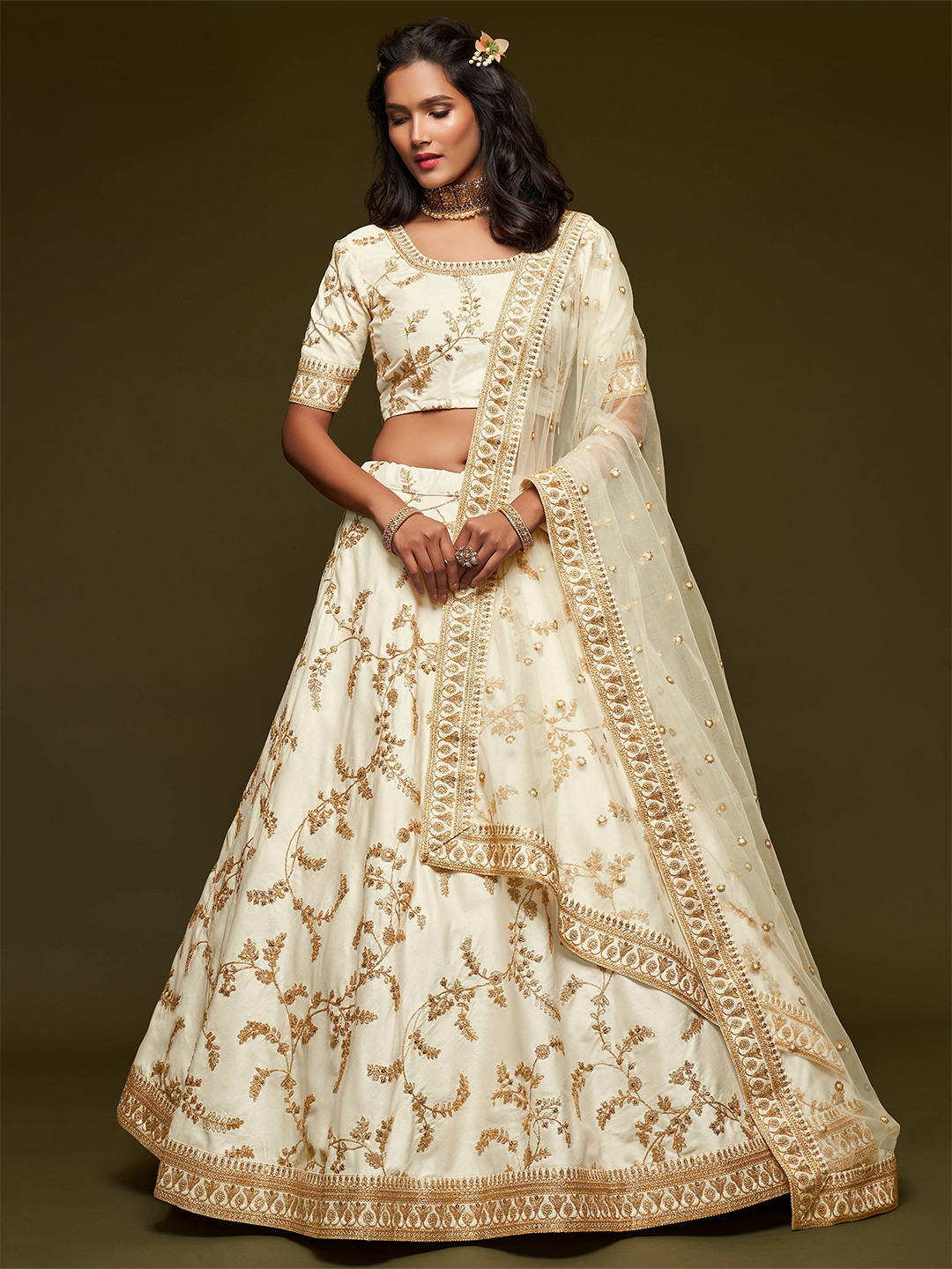 FABPIXEL White Embroidered Sequinned Semi-Stitched Lehenga & Unstitched Choli & Dupatta