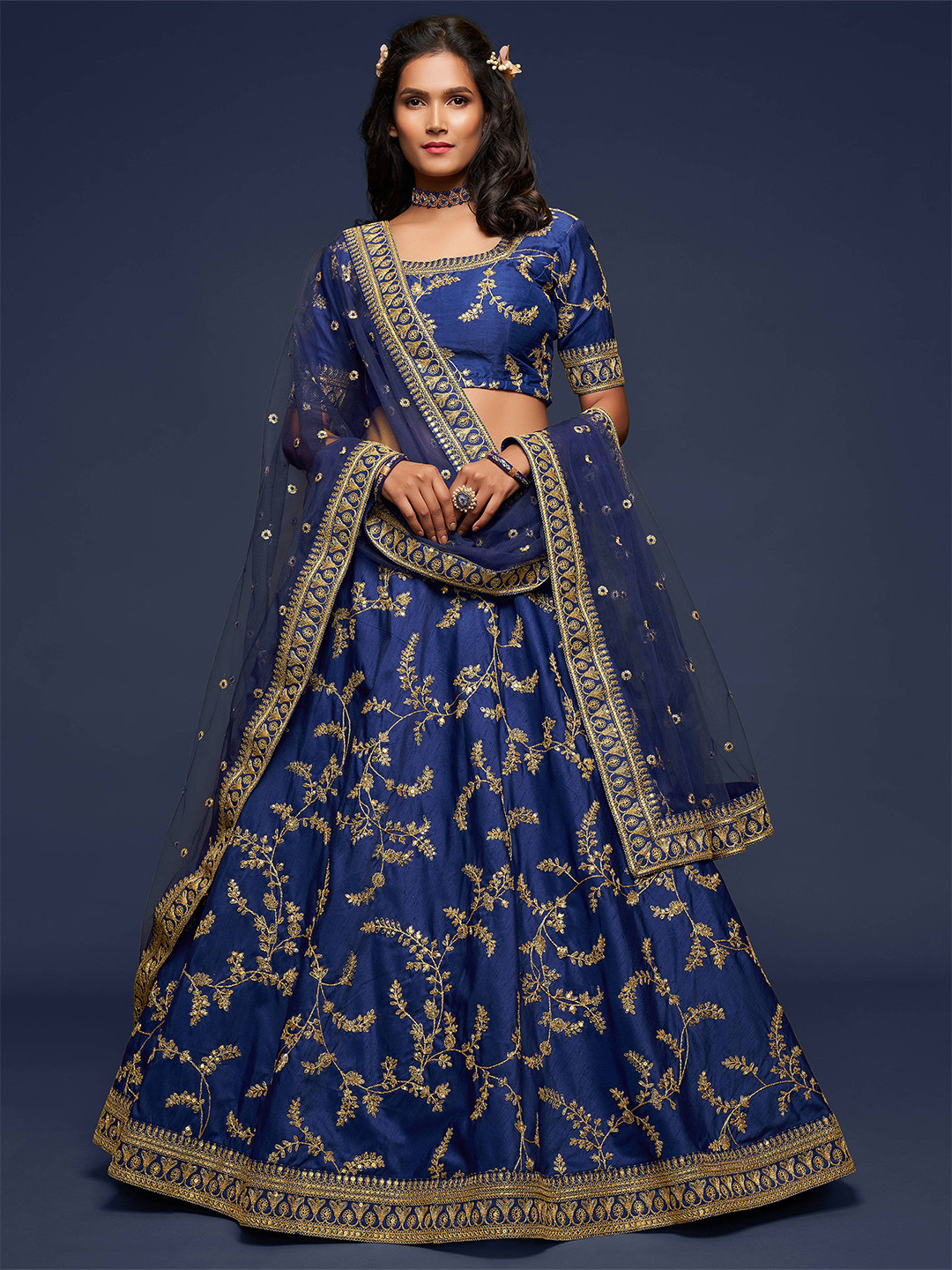 FABPIXEL Blue Embroidered Semi-Stitched Lehenga & Unstitched Blouse With Dupatta