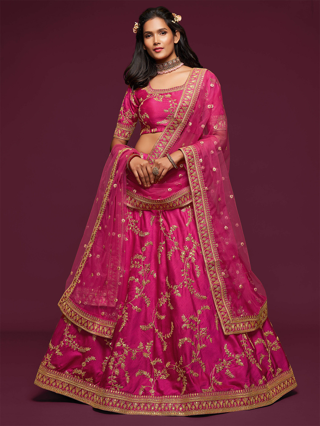 FABPIXEL Pink Embroidered Semi-Stitched Lehenga & Unstitched Blouse With Dupatta