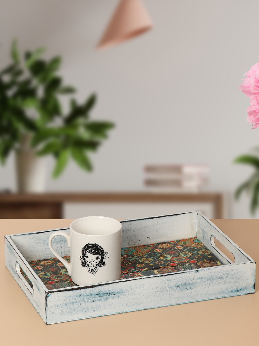 DULI White & Blue Deco Painted Enamel Coated Multipurpose Tray