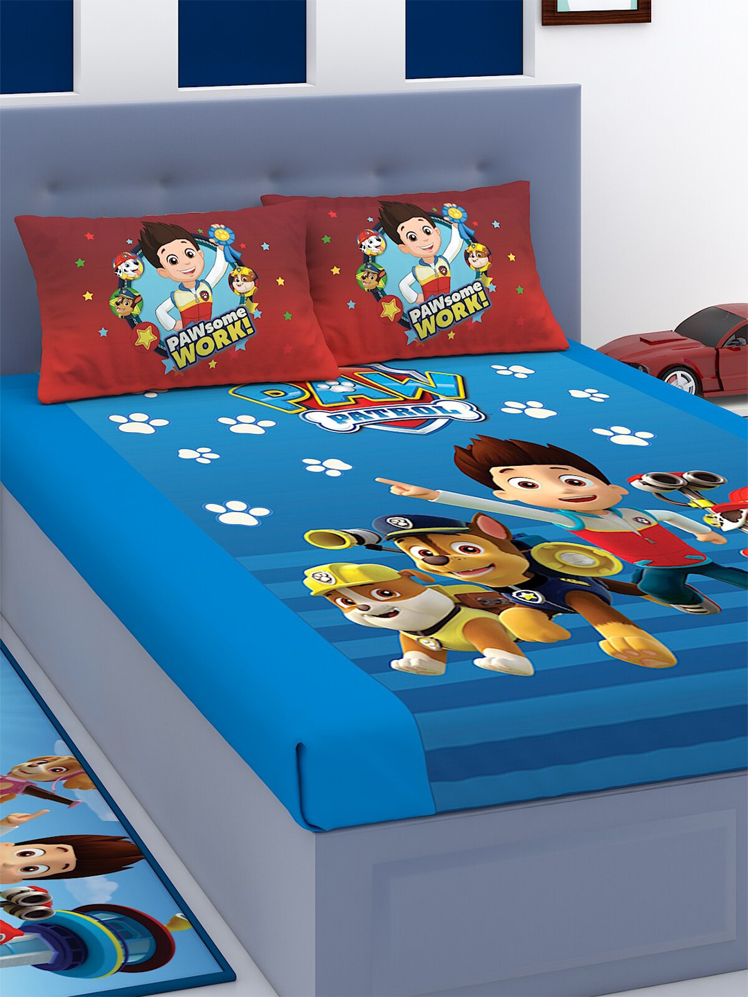 PAW PATROL Athom Living Blue Cartoon Characters Cotton 180 TC King Fine Bedsheet with 2 Pillow Covers-106 x 106 inches